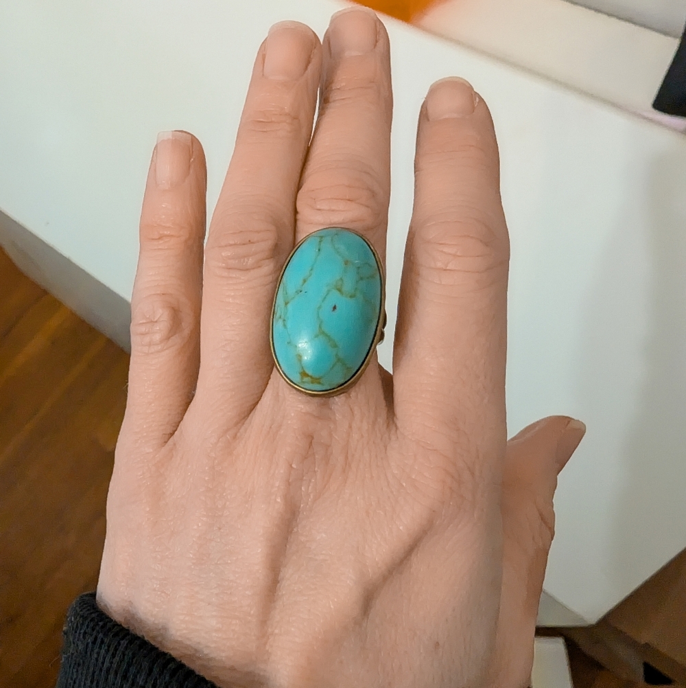 Vintage Oversized Y2K Turquoise & Gold Hallmarked Statement Ring- Size 7